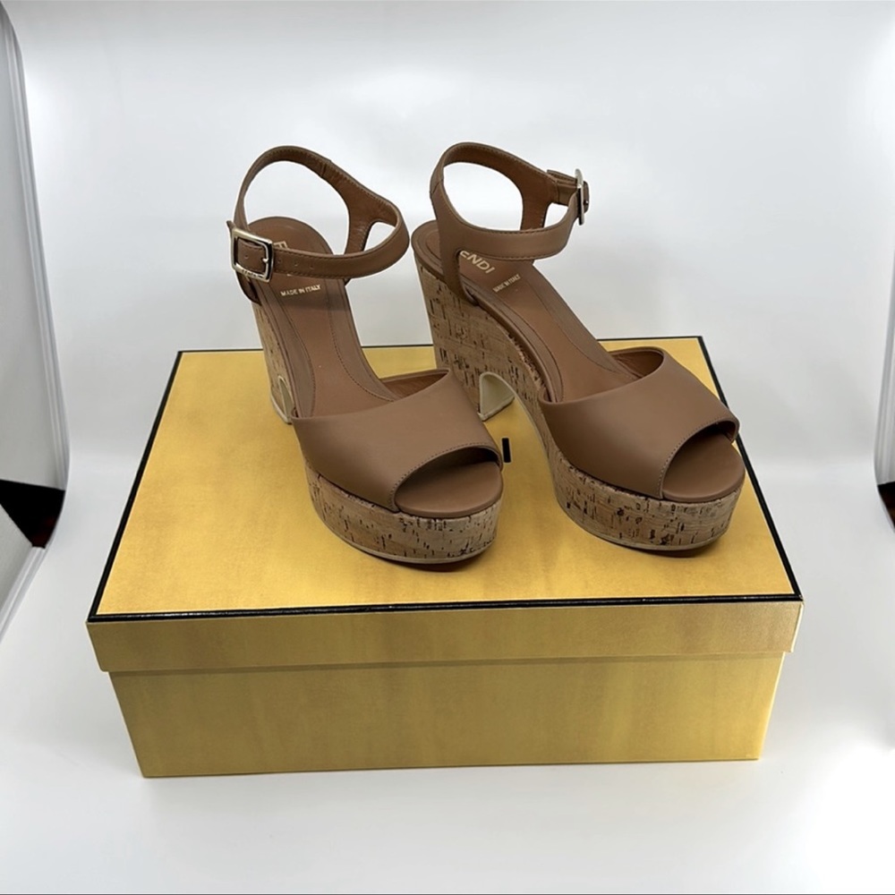 Fendi Brown Leather Cork Wedge Platform Sandals